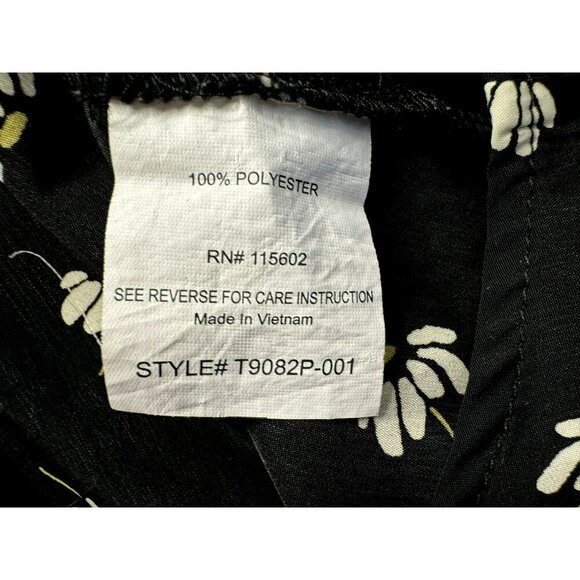 Lush Black Daisy Floral Button-Back Blouse Silky Poly Short Cap Raglan Sleeve XS - Picture 6 of 6